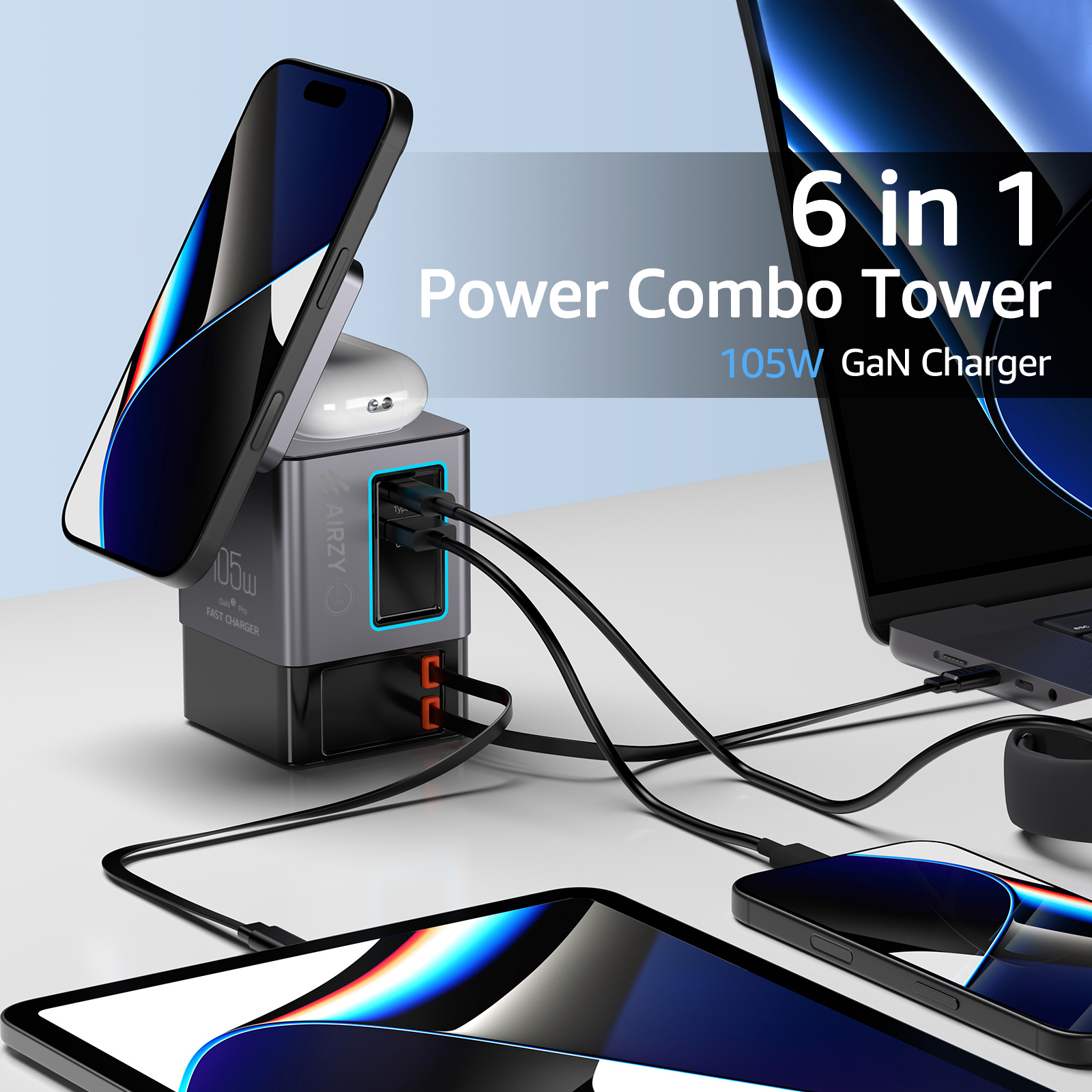 Airzy GanFast Pro 105W 6-in-1 Charging Hub | 15W MagSafe | Dual Retractable Cables | Fast Charging Dock