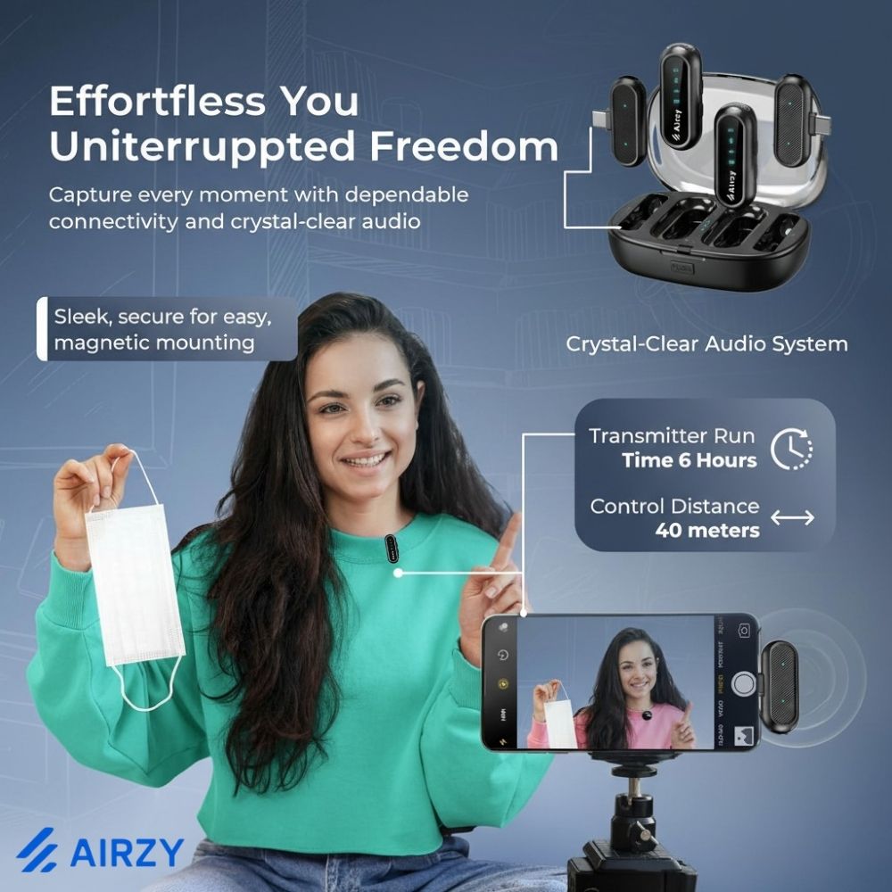 Airzy NeuralOne AI Wireless Collar Mic | AI ENC Noise Cancelling | 40m Range | 18Hr Battery | Dual Receivers