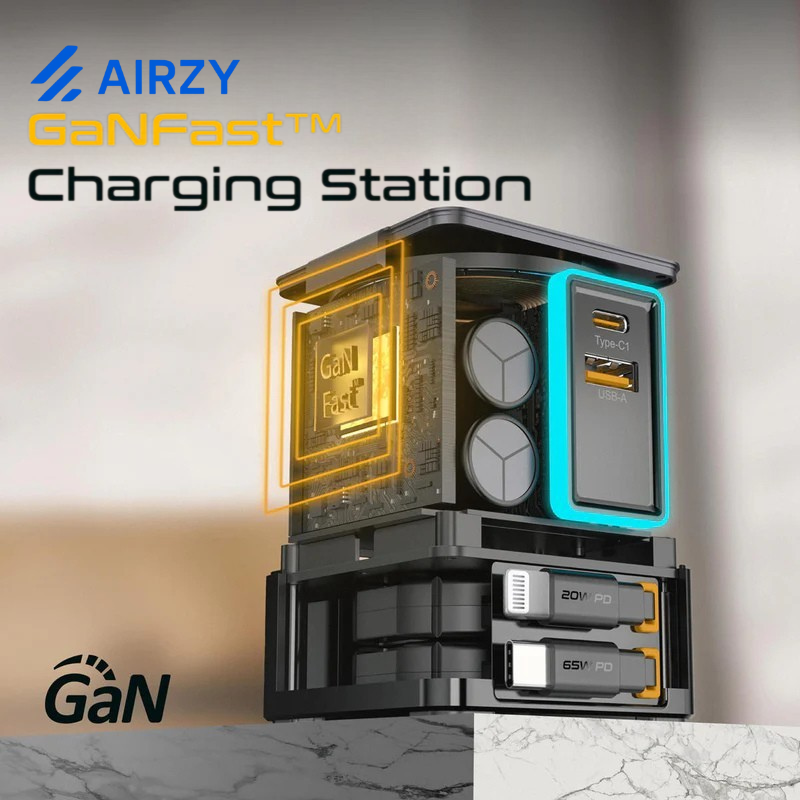 Airzy GanFast Pro 105W 6-in-1 Charging Hub | 15W MagSafe | Dual Retractable Cables | Fast Charging Dock