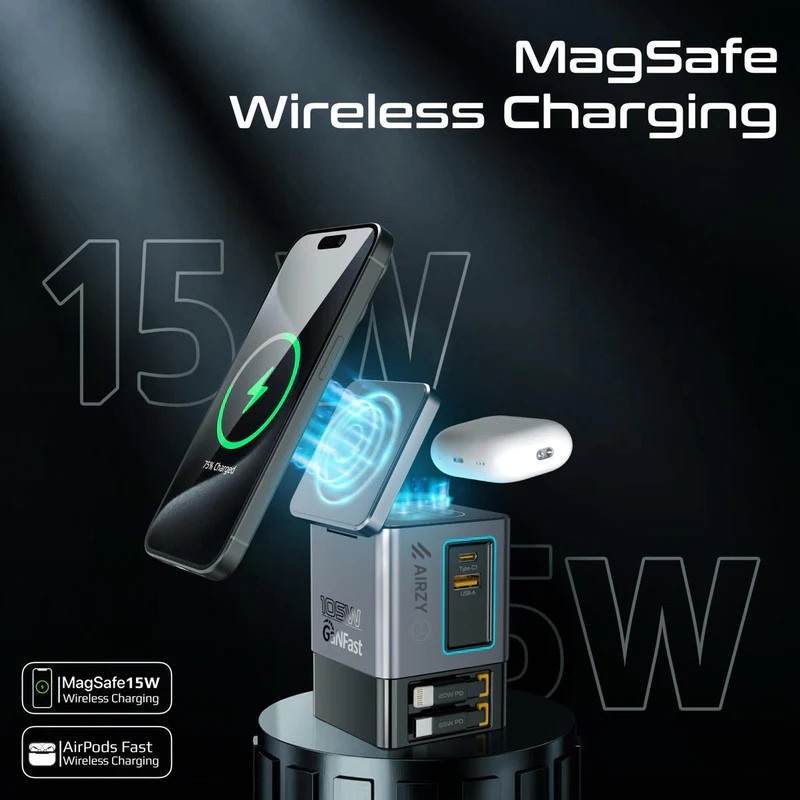 Airzy GanFast Pro 105W 6-in-1 Charging Hub | 15W MagSafe | Dual Retractable Cables | Fast Charging Dock