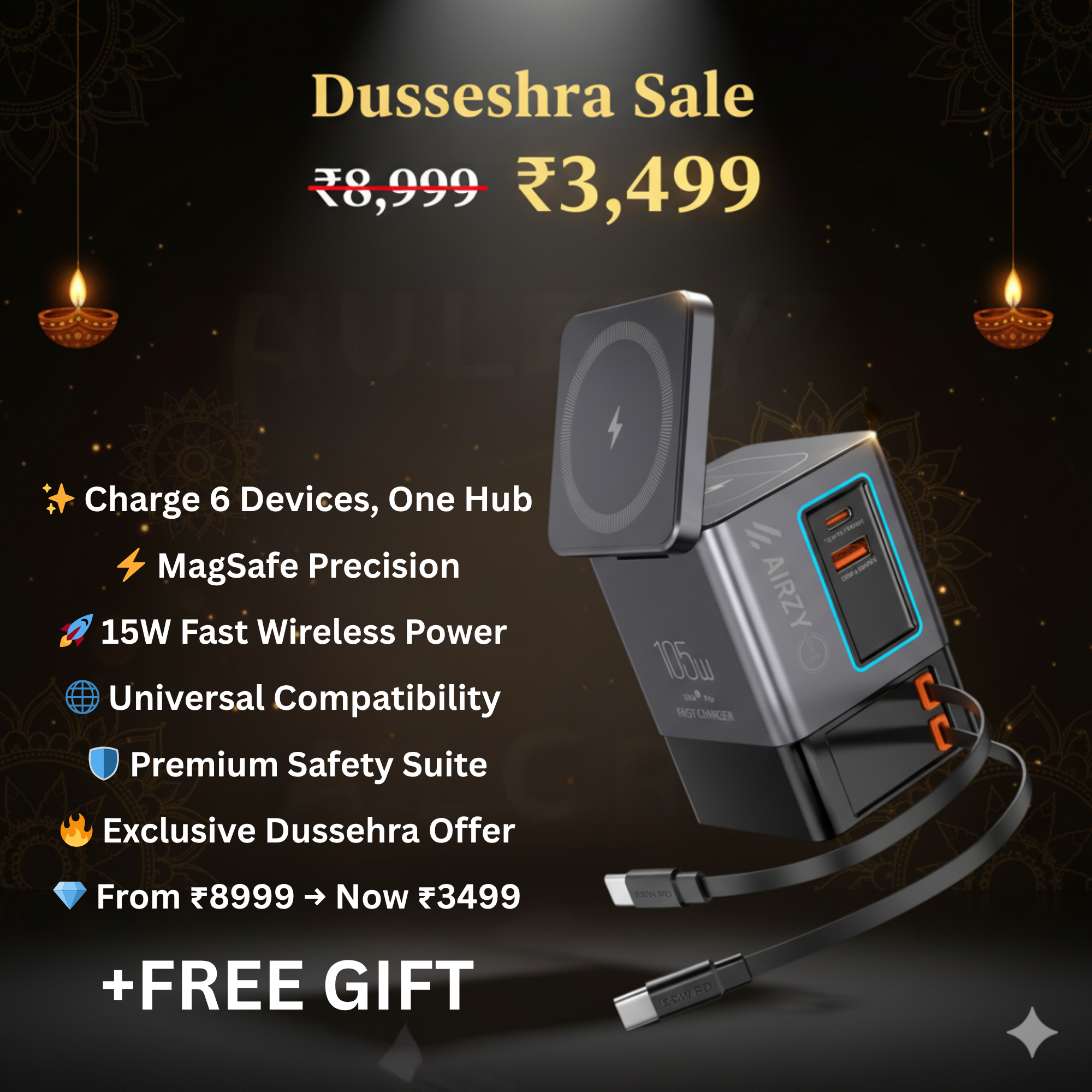 Airzy GanFast Pro 105W 6-in-1 Charging Hub | 15W MagSafe | Dual Retractable Cables | Fast Charging Dock