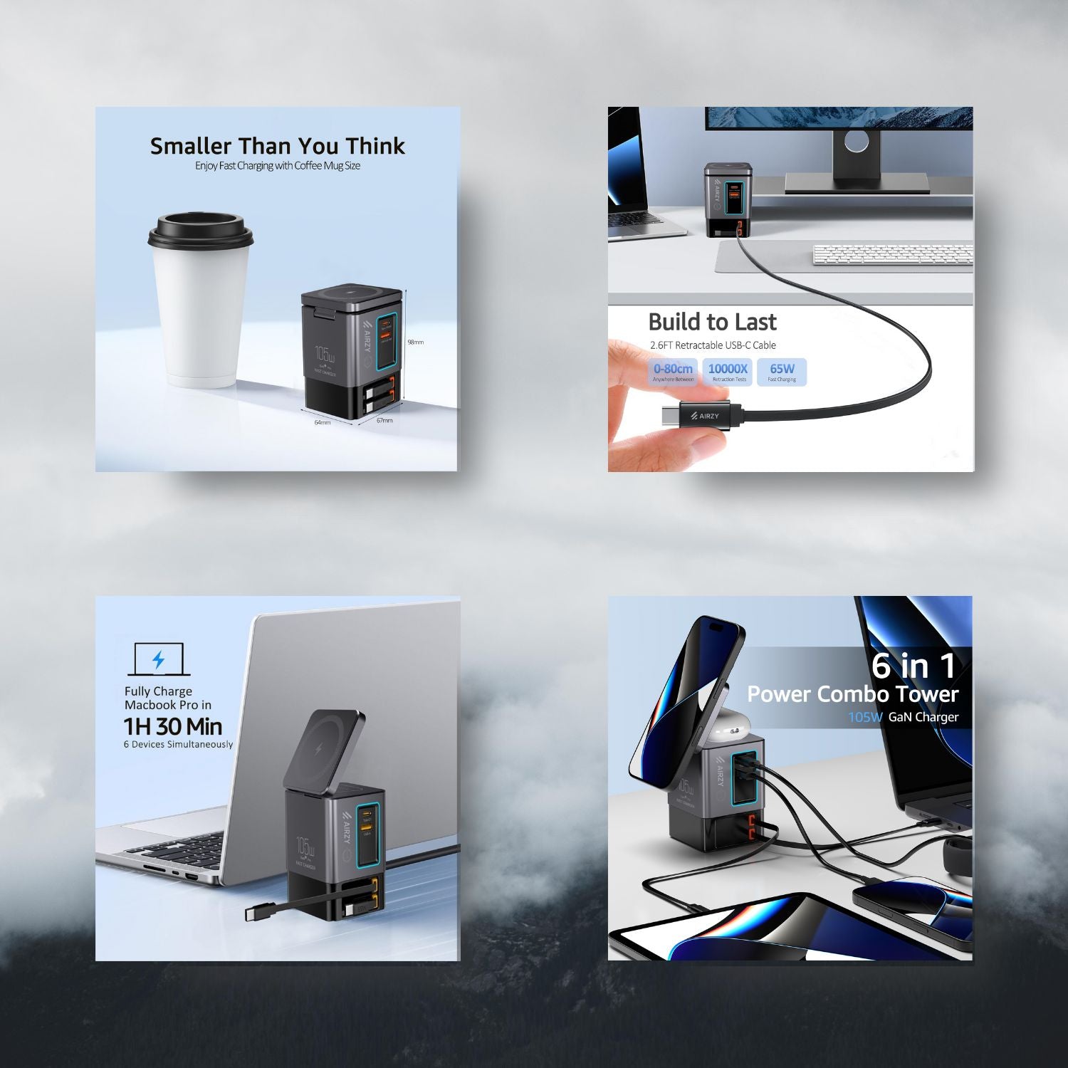 Airzy GanFast Pro 105W 6-in-1 Charging Hub | 15W MagSafe | Dual Retractable Cables | Fast Charging Dock