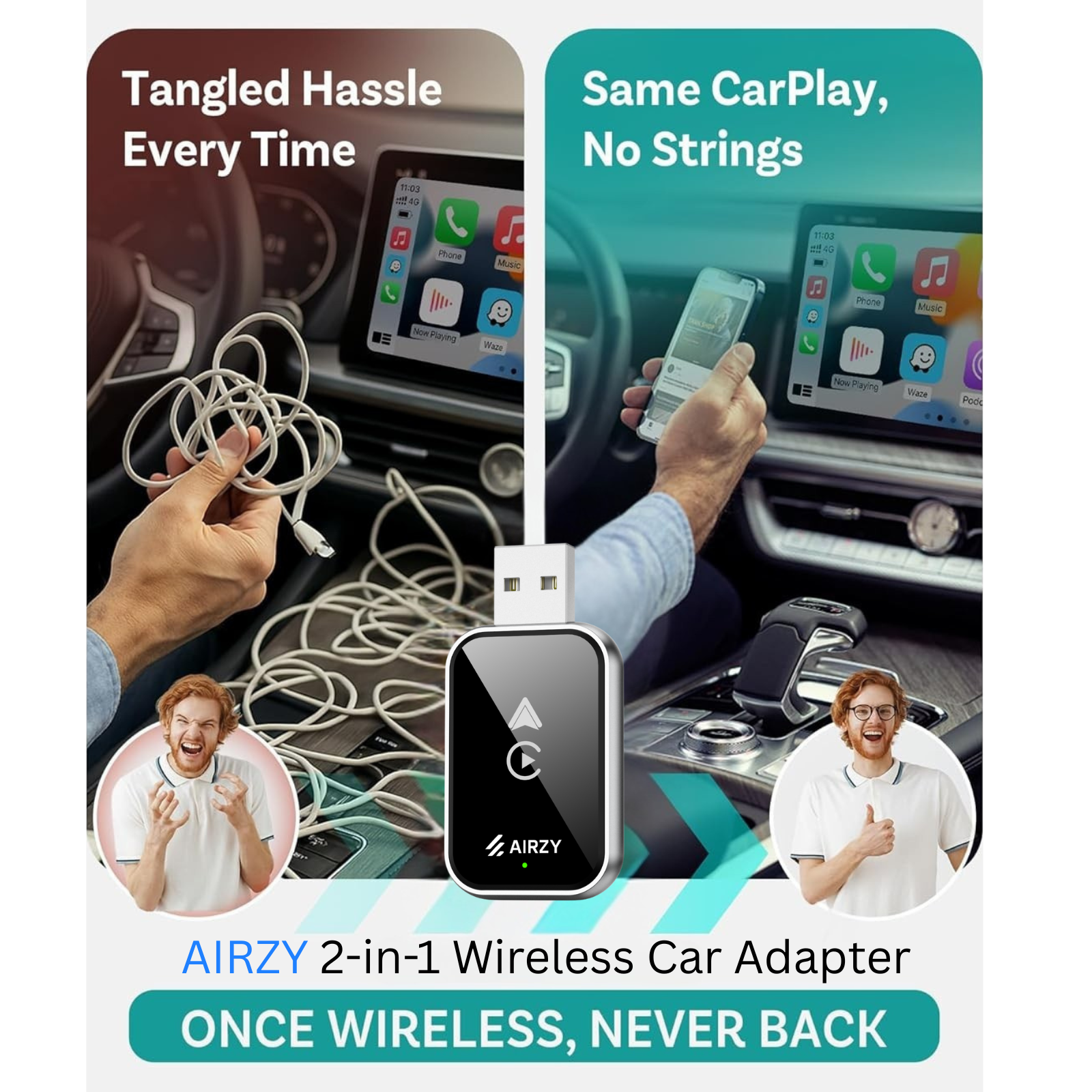 Airzy Wireless CarPlay & Android Auto Adapter – 2s Auto-Connect, Dual-Sided Tempered Glass, Tested with 700+ Indian Cars