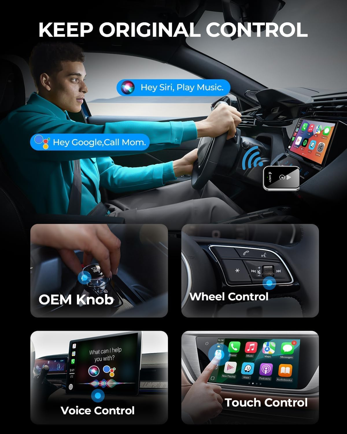 Airzy Wireless CarPlay & Android Auto Adapter – 2s Auto-Connect, Dual-Sided Tempered Glass, Tested with 700+ Indian Cars